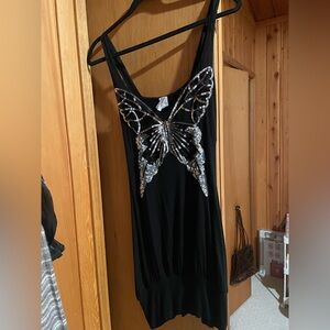 Y2K Misope Black Mini Dress with Silver Sequin Butterfly 🦋